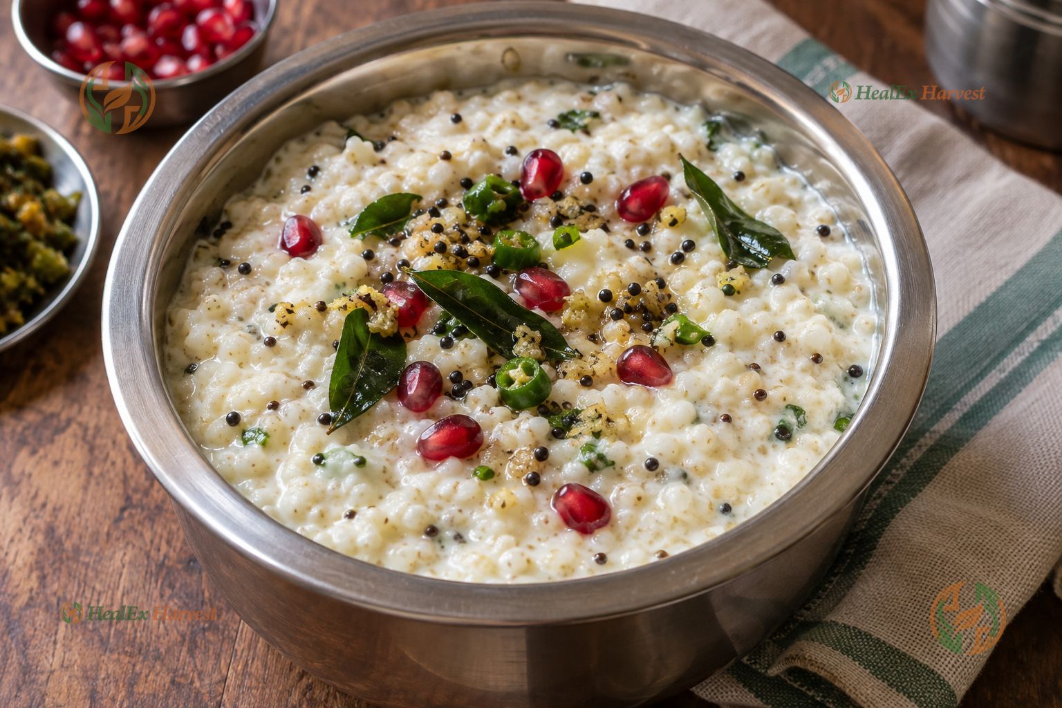 Creamy Foxtail Millet curd rice garnished with pomegranate, ginger, and curry leaves