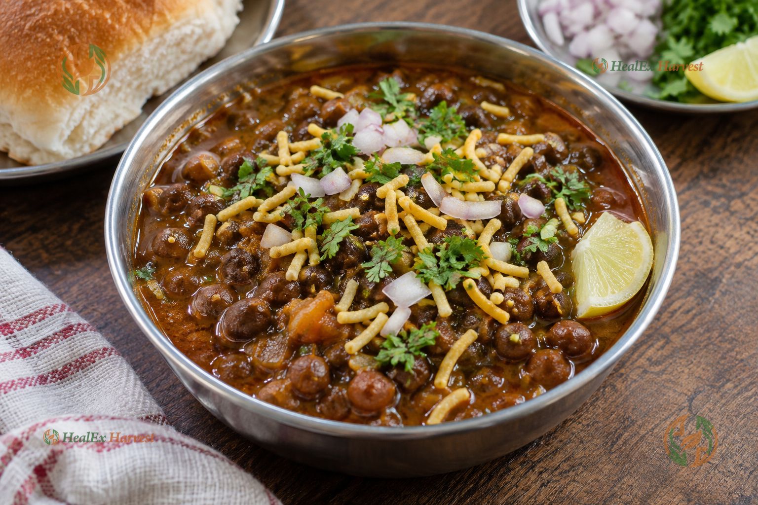 Maharashtrian Kala Chana Usal with spicy tarri, sev, and fresh lemon