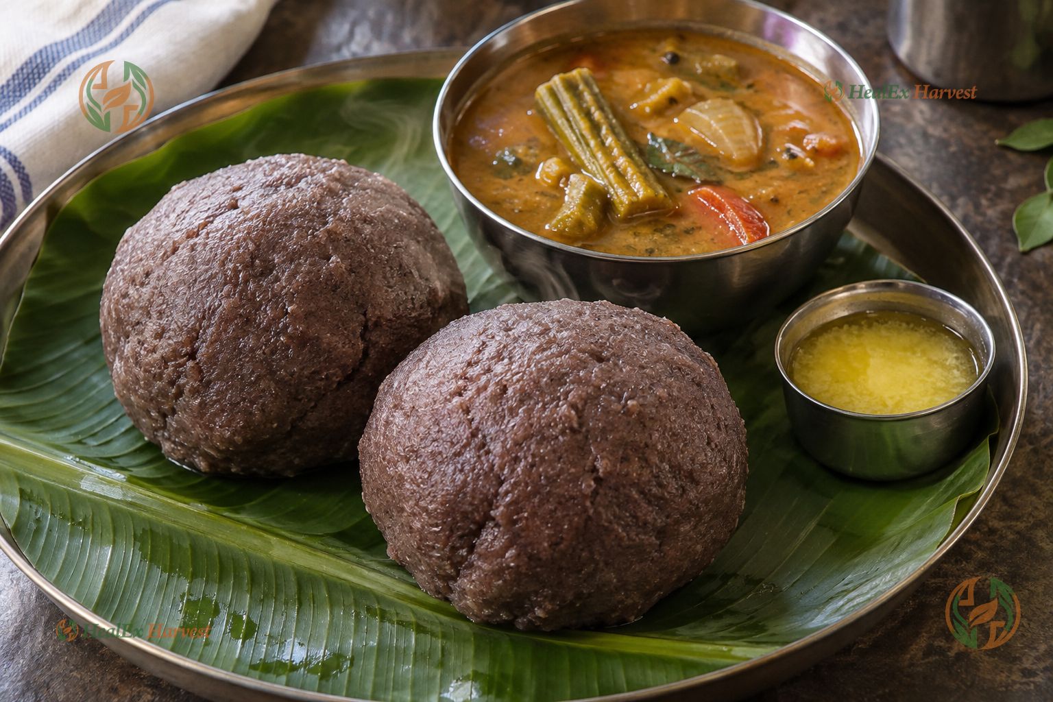 Steaming hot Ragi Mudde power ball served on banana leaf with spicy sambar and ghee