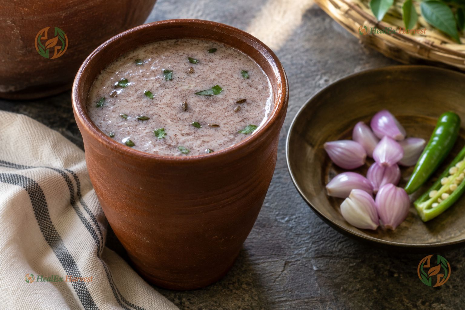 Traditional salted Ragi Ambali in clay glass with shallots, green chillies, and curry leaves