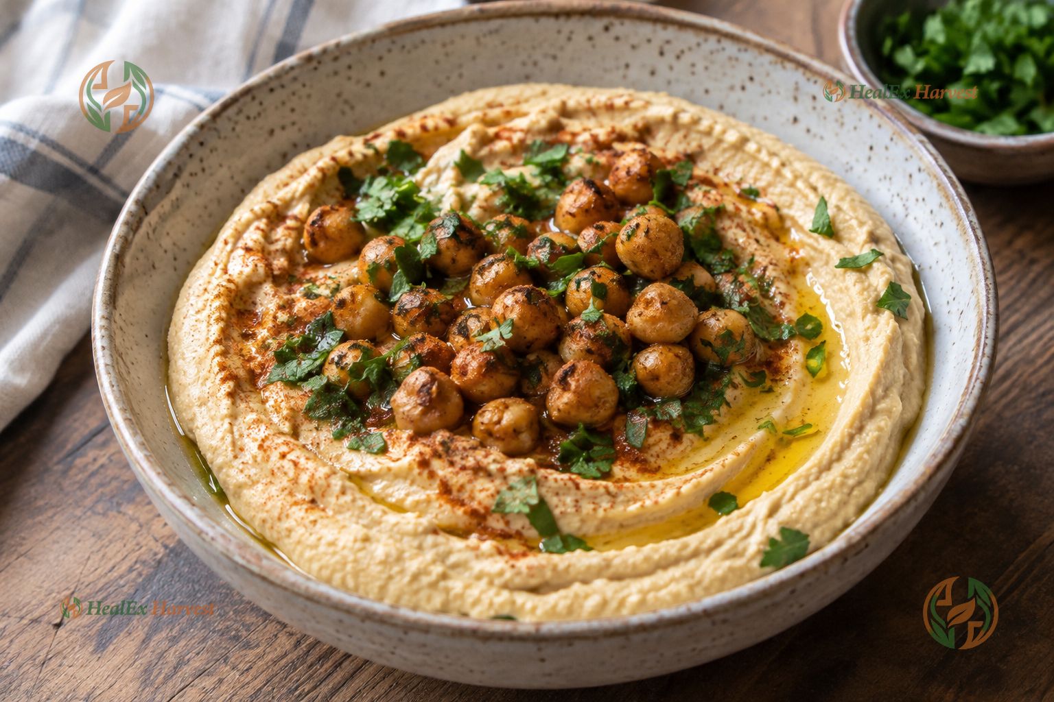 Creamy homemade hummus in a ceramic bowl with olive oil, paprika, and crispy chickpeas