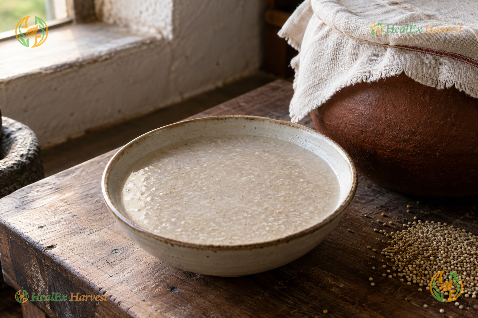 Kodo Millet Ambali, the thin fermented gruel Dr. Khadar Vali describes (Arikelu)