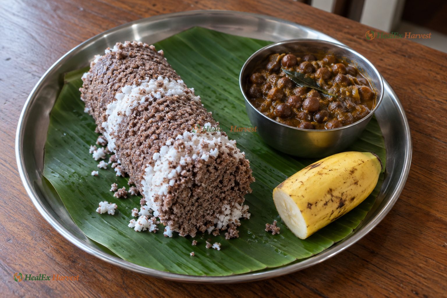 Steaming Kerala style Ragi Puttu layered with grated coconut served with Kadala curry