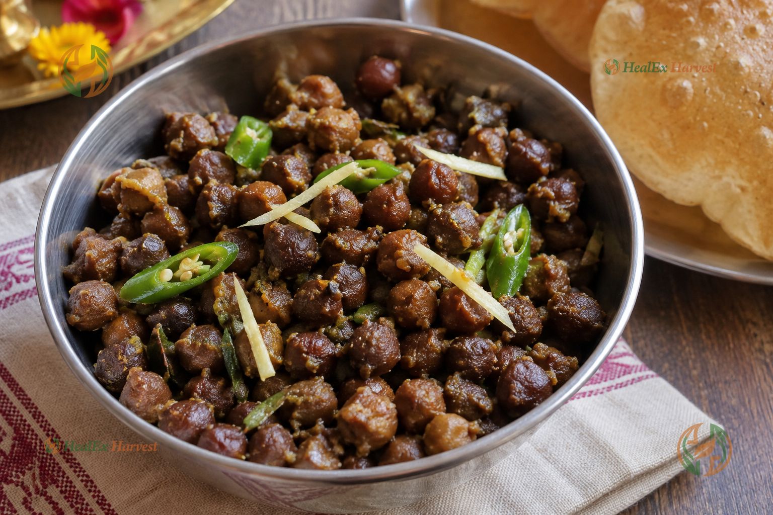 Dry spicy Sookha Kala Chana prasad with green chillies and ginger