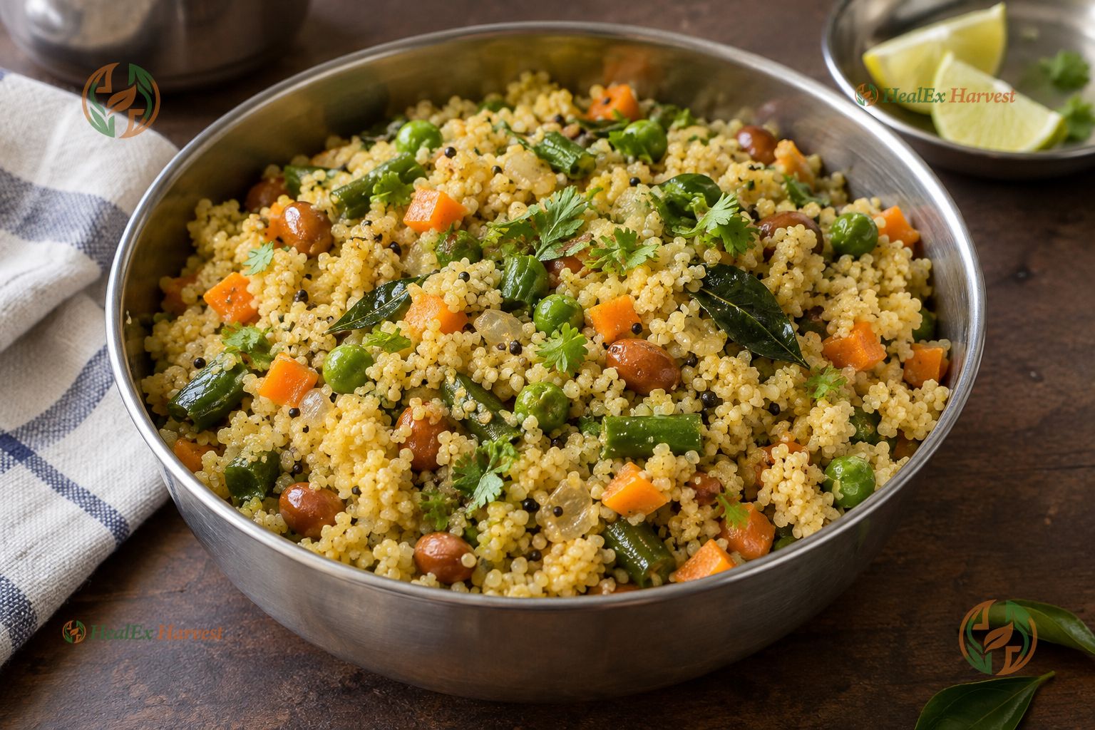 Nutritious Foxtail Millet vegetable upma garnished with coriander and lemon