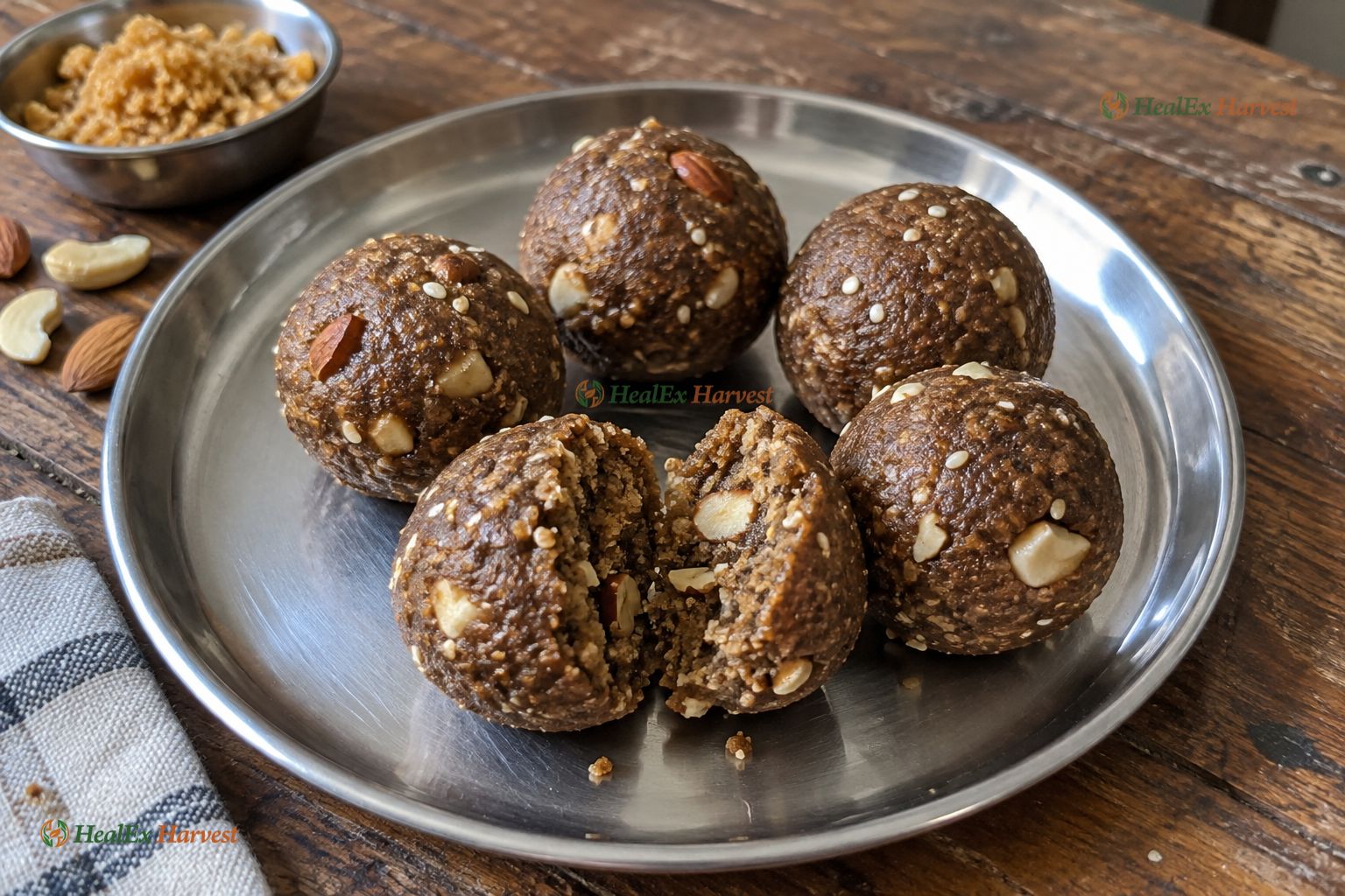 Homemade brown Ragi Ladoos with almonds, cashews, and sesame seeds on a steel plate