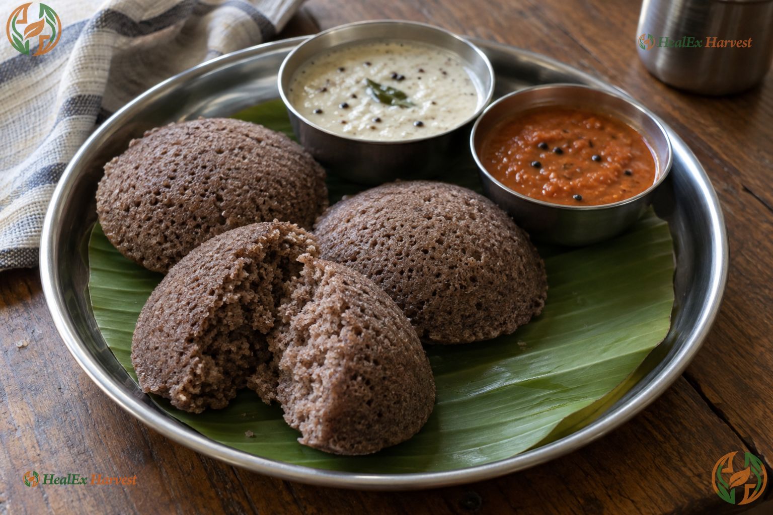 Fluffy steamed Ragi idlis served with spicy tomato chutney and coconut chutney