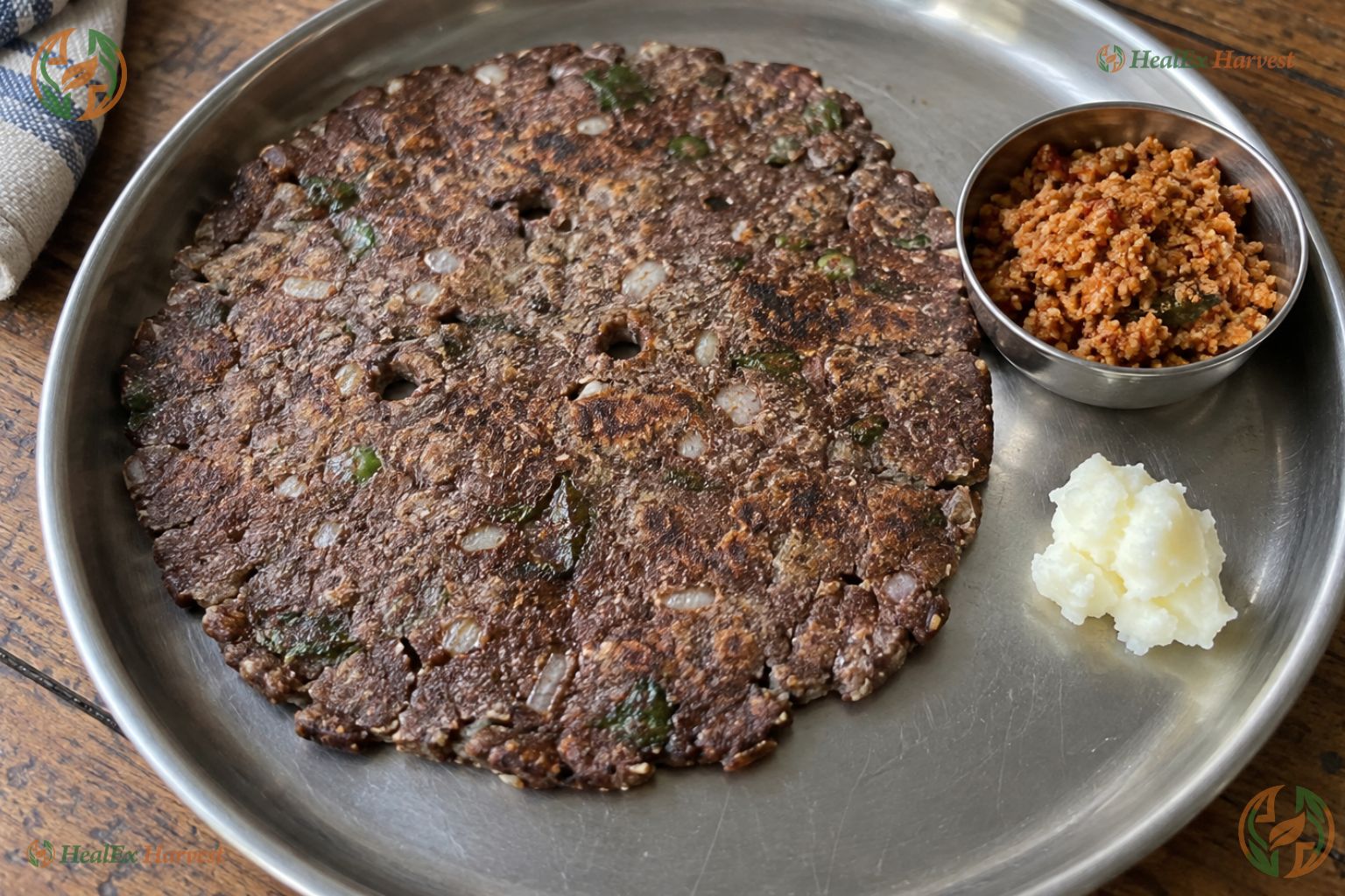 Home-cooked rustic spiced Ragi Roti served on a steel plate with fresh butter and peanut chutney