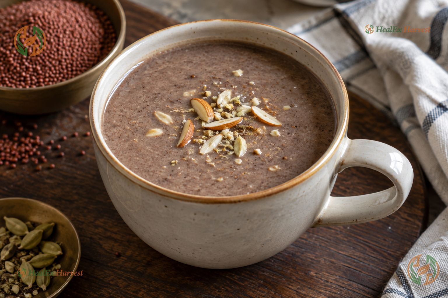 Steaming cup of sweet Ragi malt garnished with almond slivers and cardamom