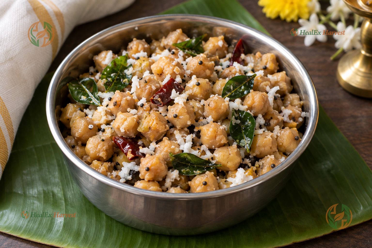South Indian Channa Sundal with mustard seeds, curry leaves, and grated coconut