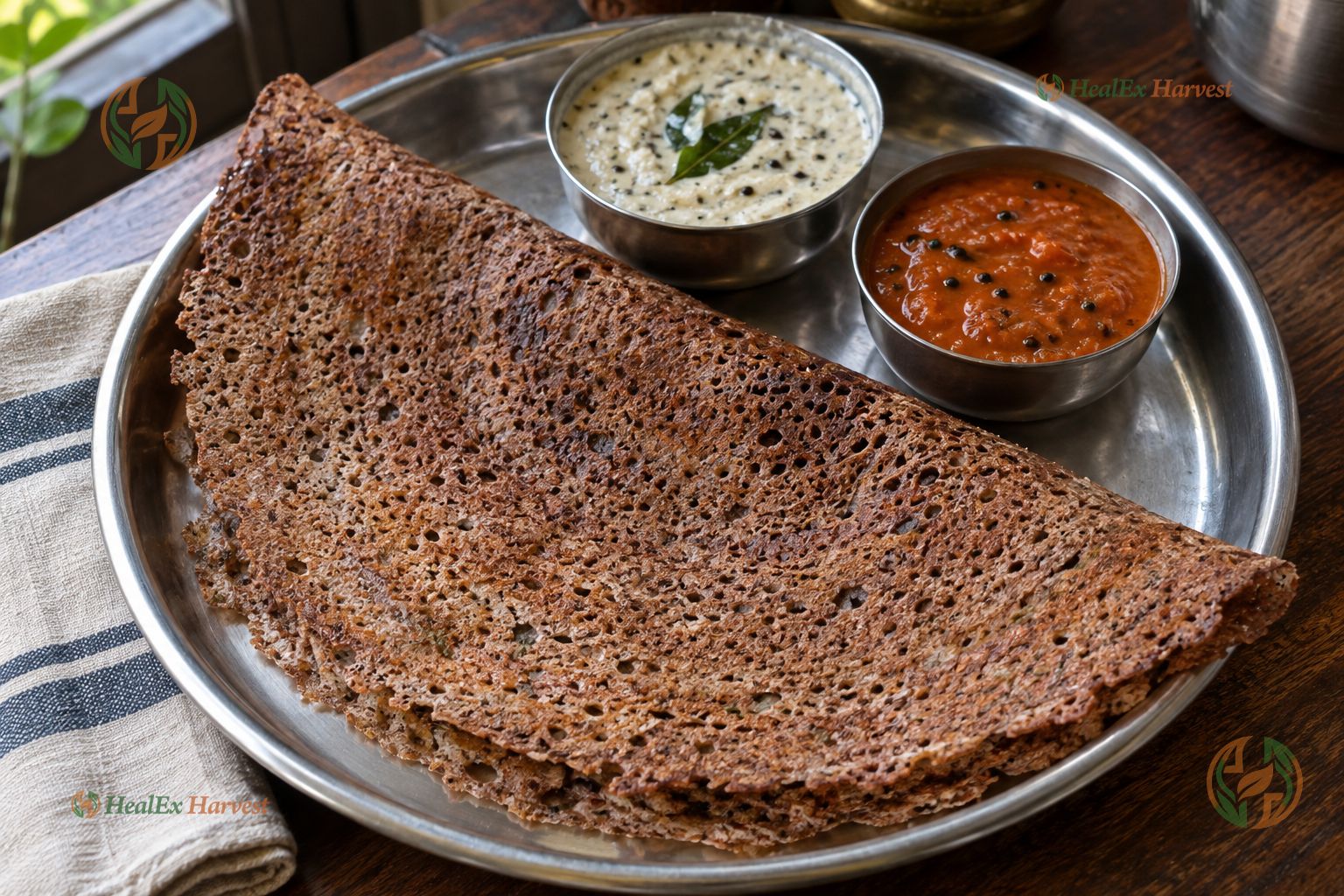 Crispy golden-brown instant Ragi dosa on tawa with green chilli and coconut chutney