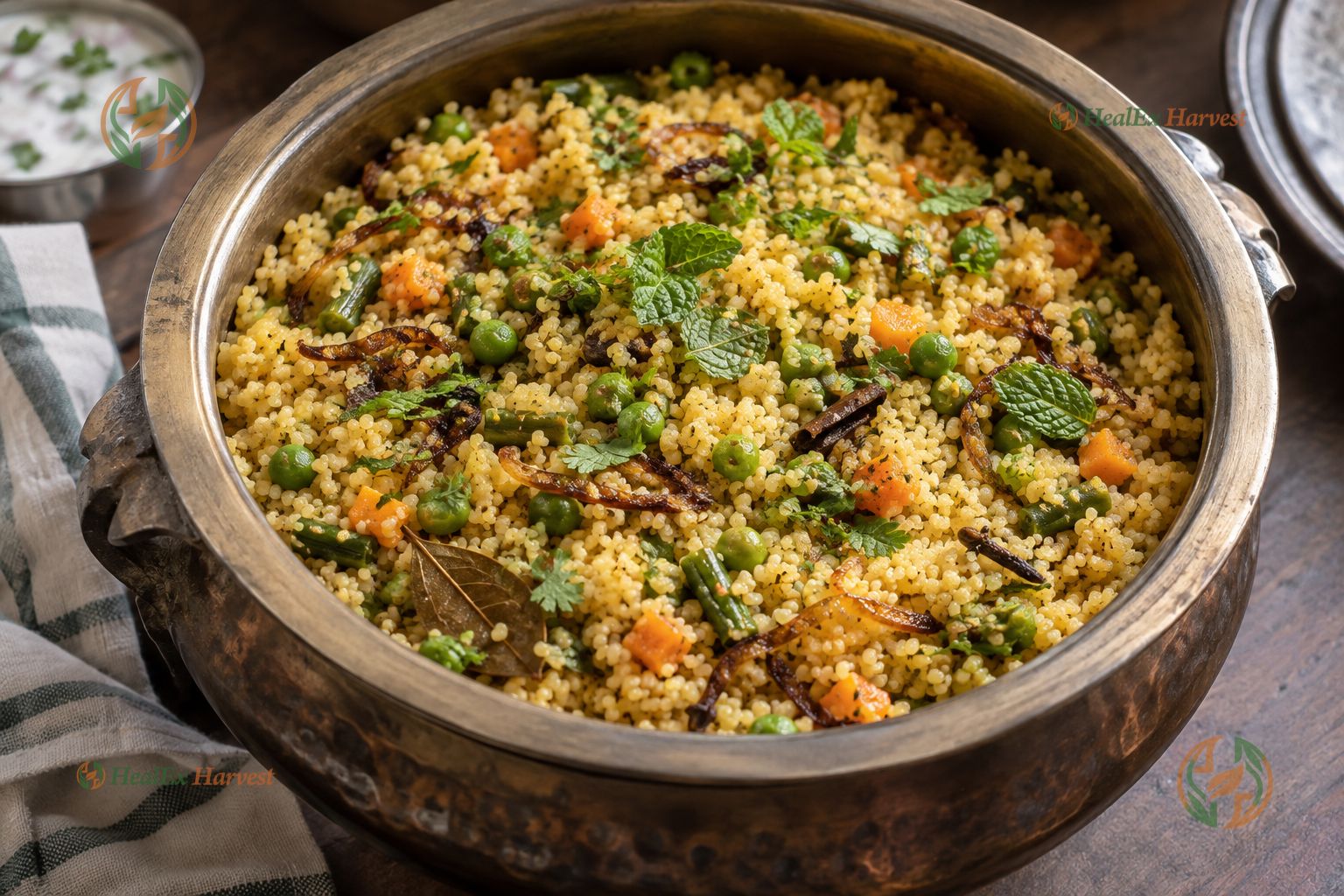 Fragrant Foxtail Millet vegetable pulao with mint, coriander, and fried onions