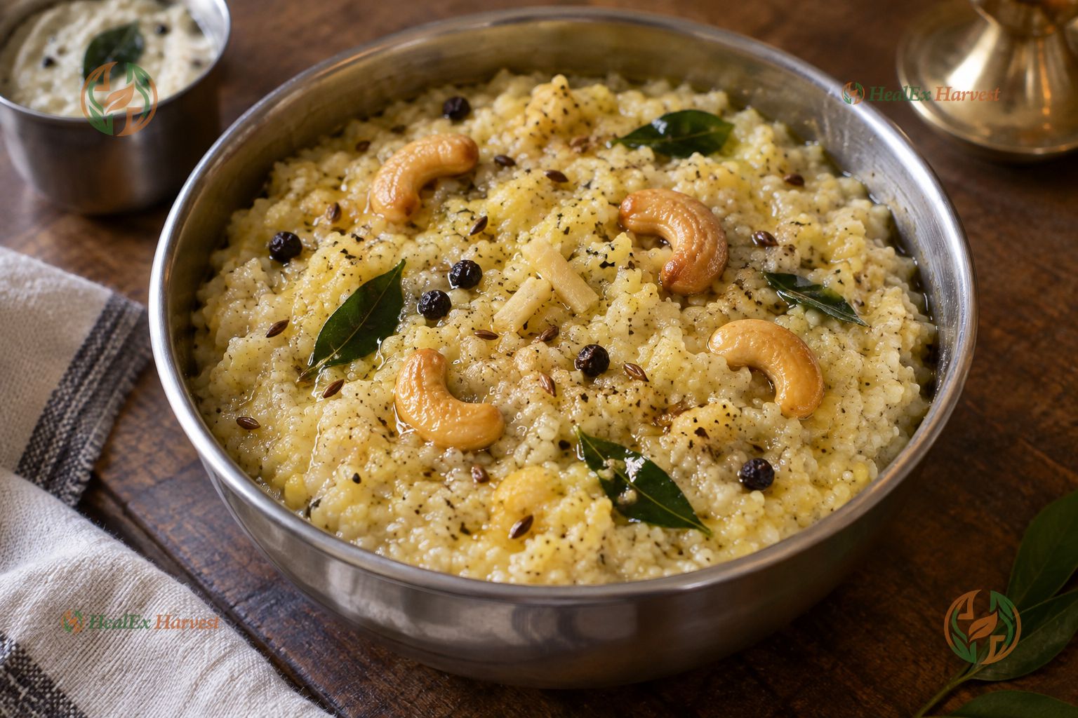 Temple style Foxtail Millet Ven Pongal with cashews, curry leaves, and black pepper