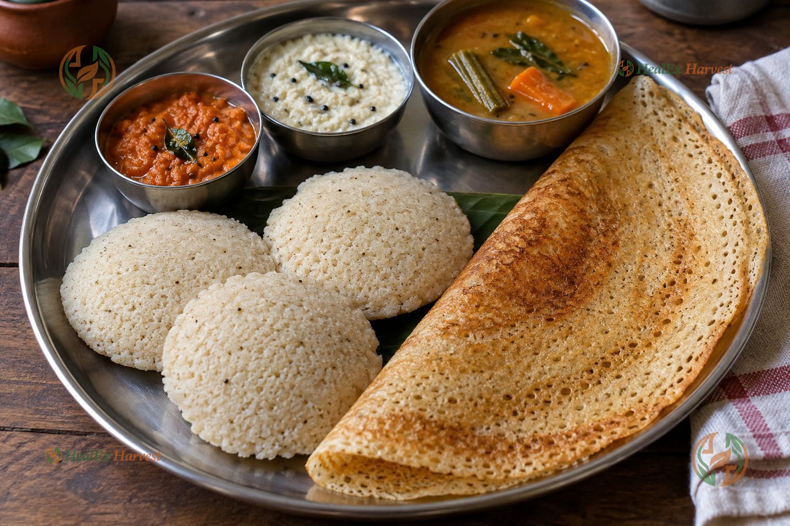 Pillowy soft Foxtail Millet idlis and crispy dosa served with coconut and tomato chutney
