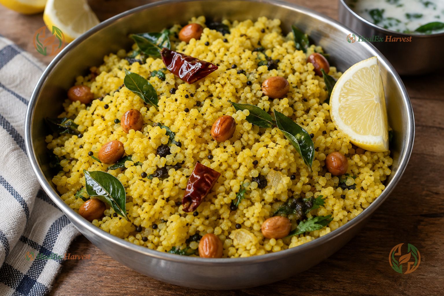 Vibrant yellow Foxtail Millet lemon rice with peanuts and curry leaves