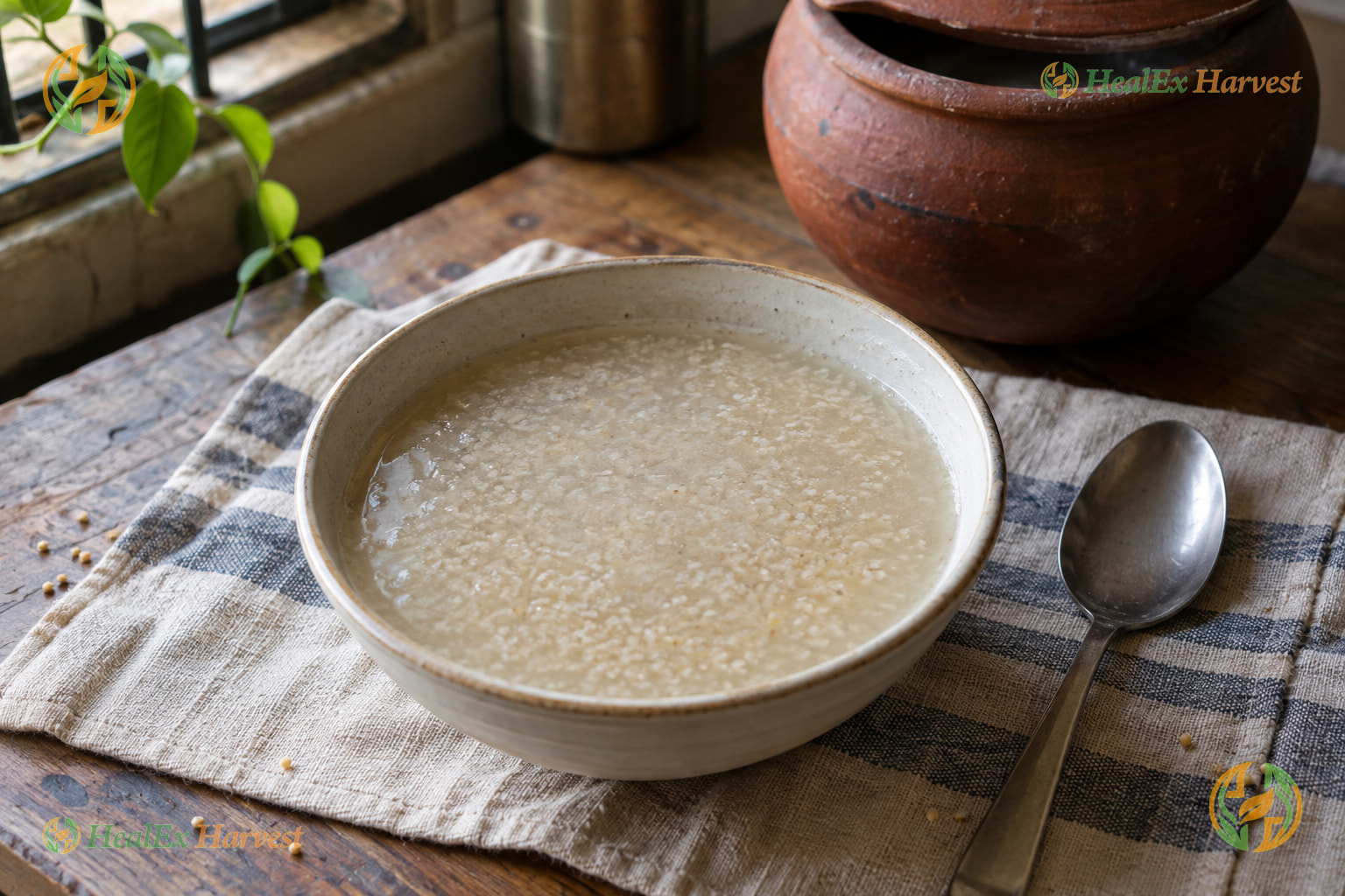 Foxtail Millet Ambali, the thin fermented gruel Dr. Khadar Vali describes (Korralu)