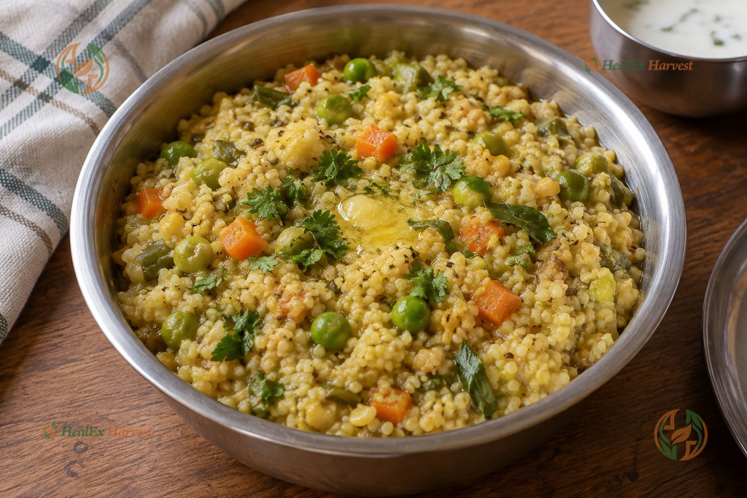 Healthy Foxtail Millet Vegetable Khichdi with carrots, peas, and cow ghee